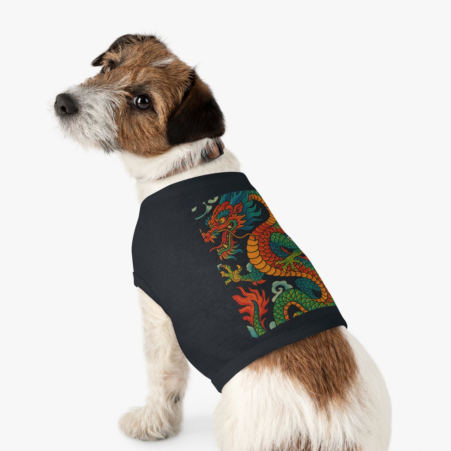 Side shot of pet wearing dragon tank top outfit