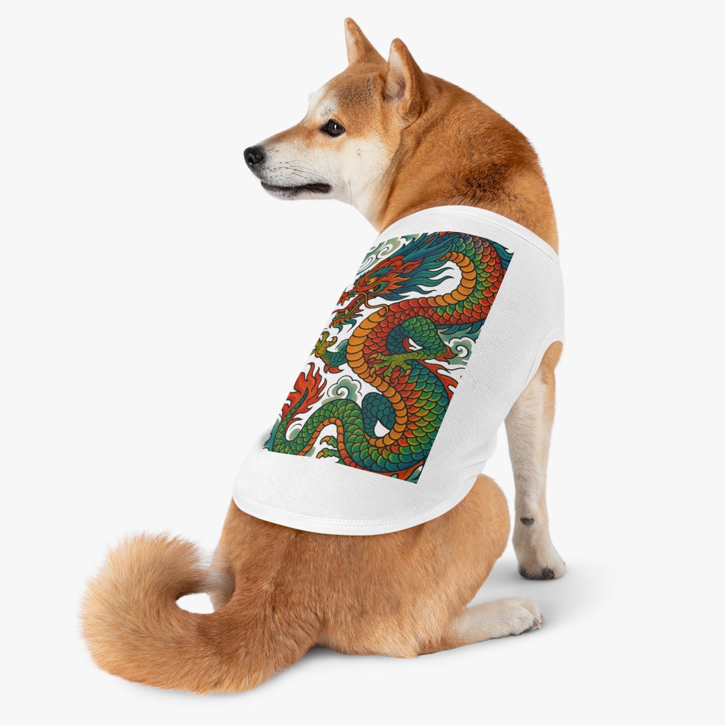 Side shot of pet wearing dragon tank top outfit