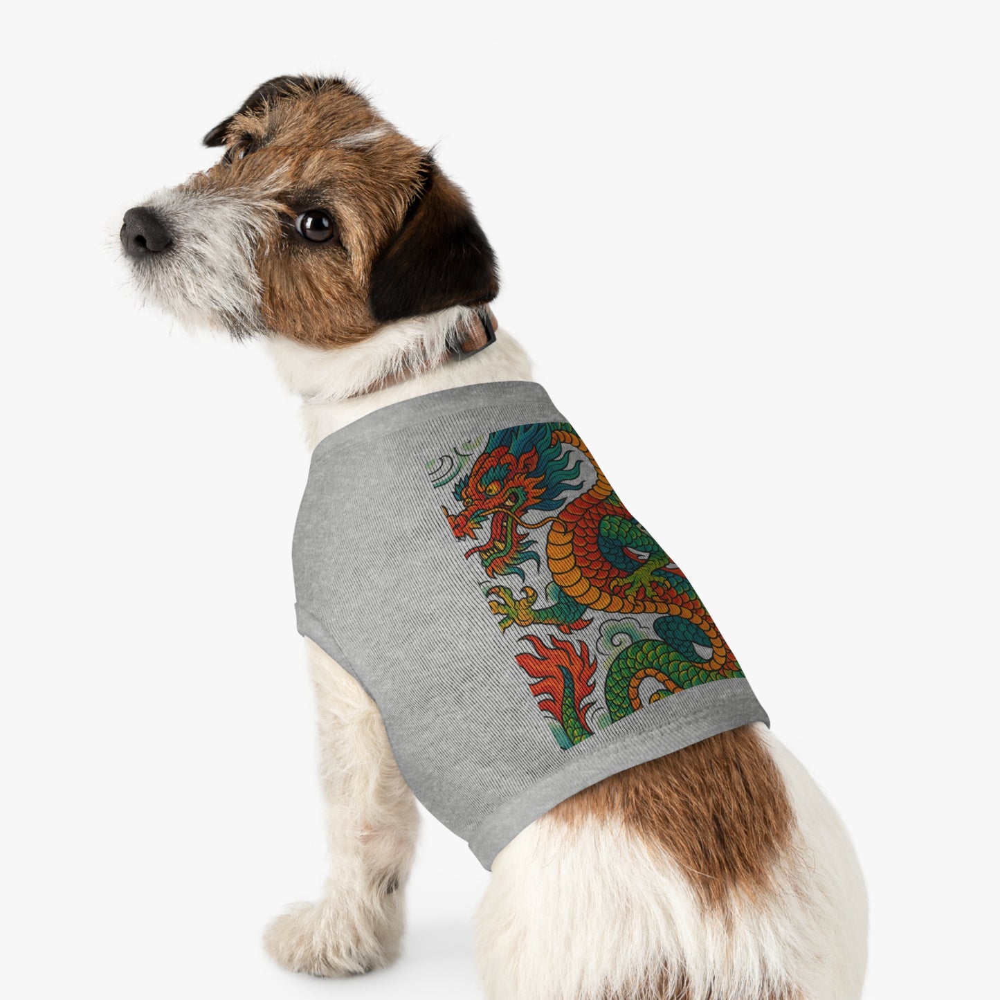 Side shot of pet wearing dragon tank top outfit