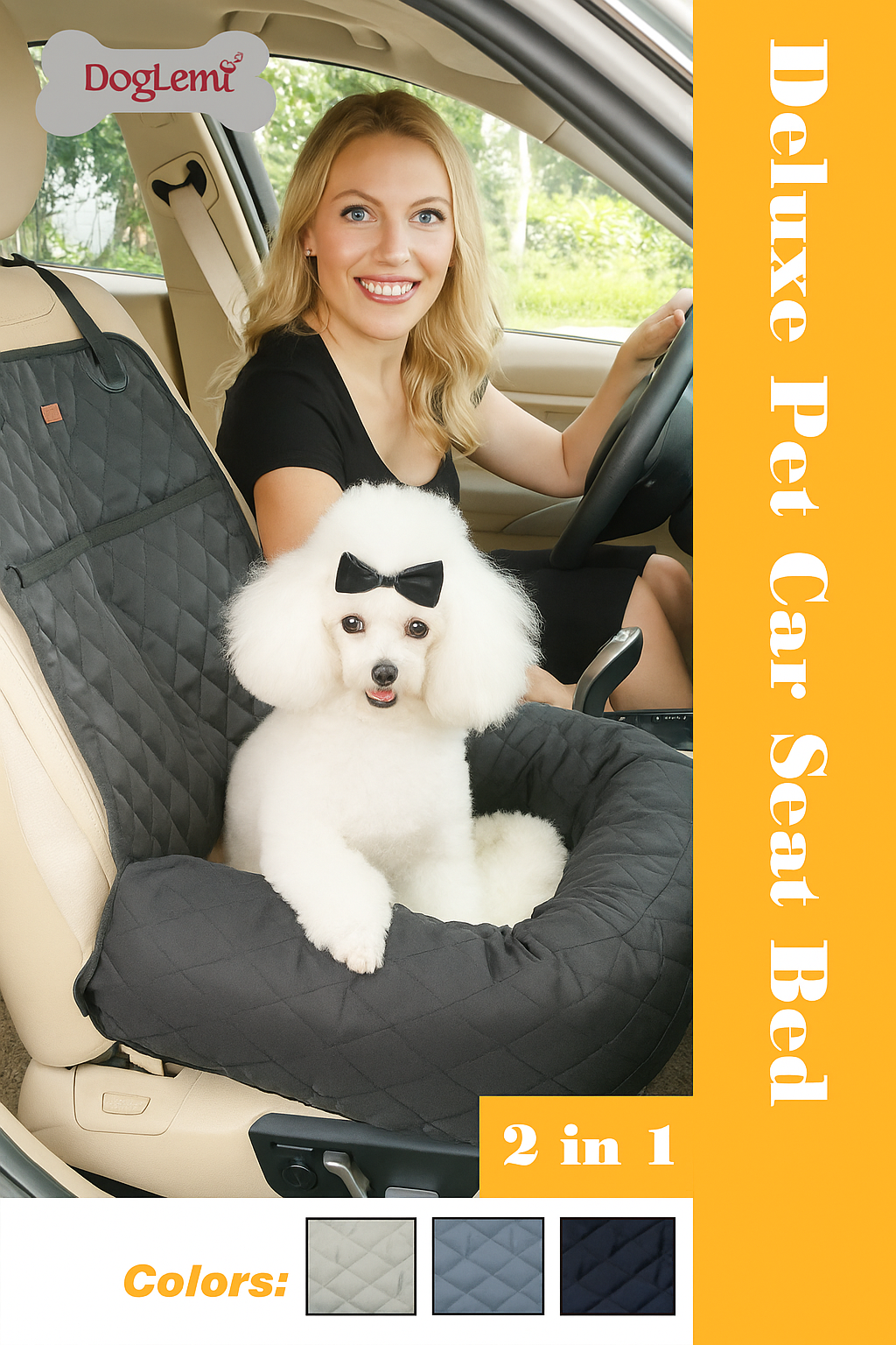 Woman driving a car with a white dog on a Deluxe Pet Car Seat Bed, featuring Doglemi branding.