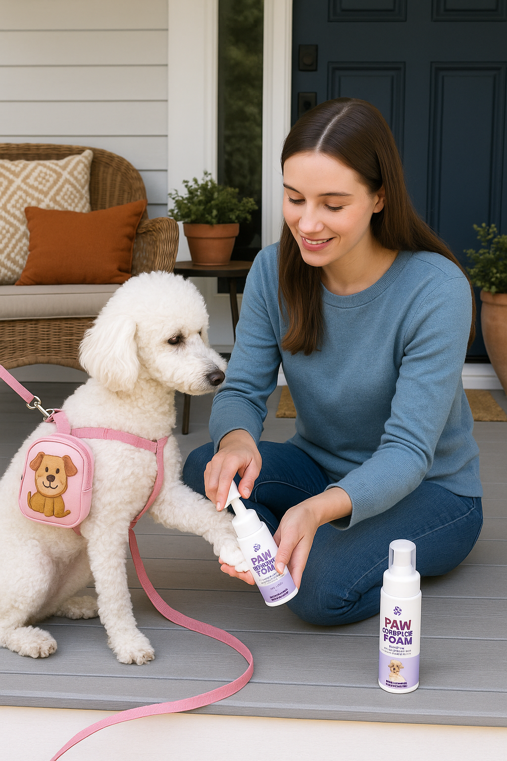Gently scrubbing dog paws with silicone scrubber and foam