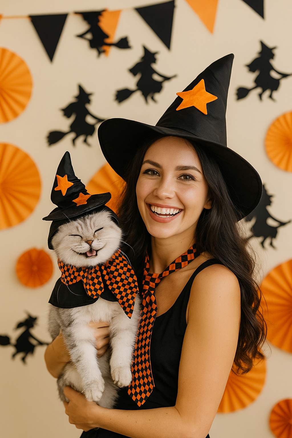 Cat wearing Halloween witch cloak and hat