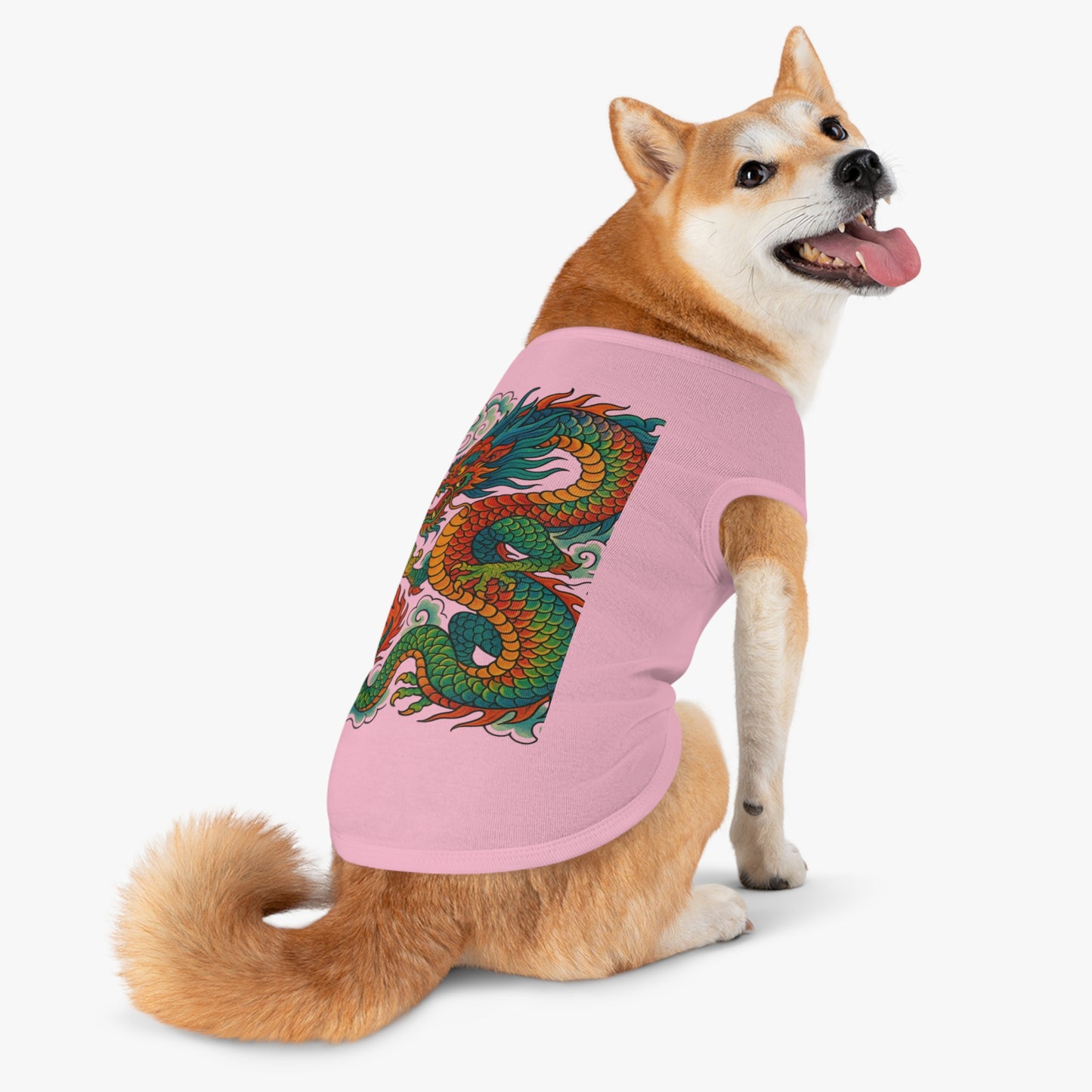 Side shot of pet wearing dragon tank top outfit