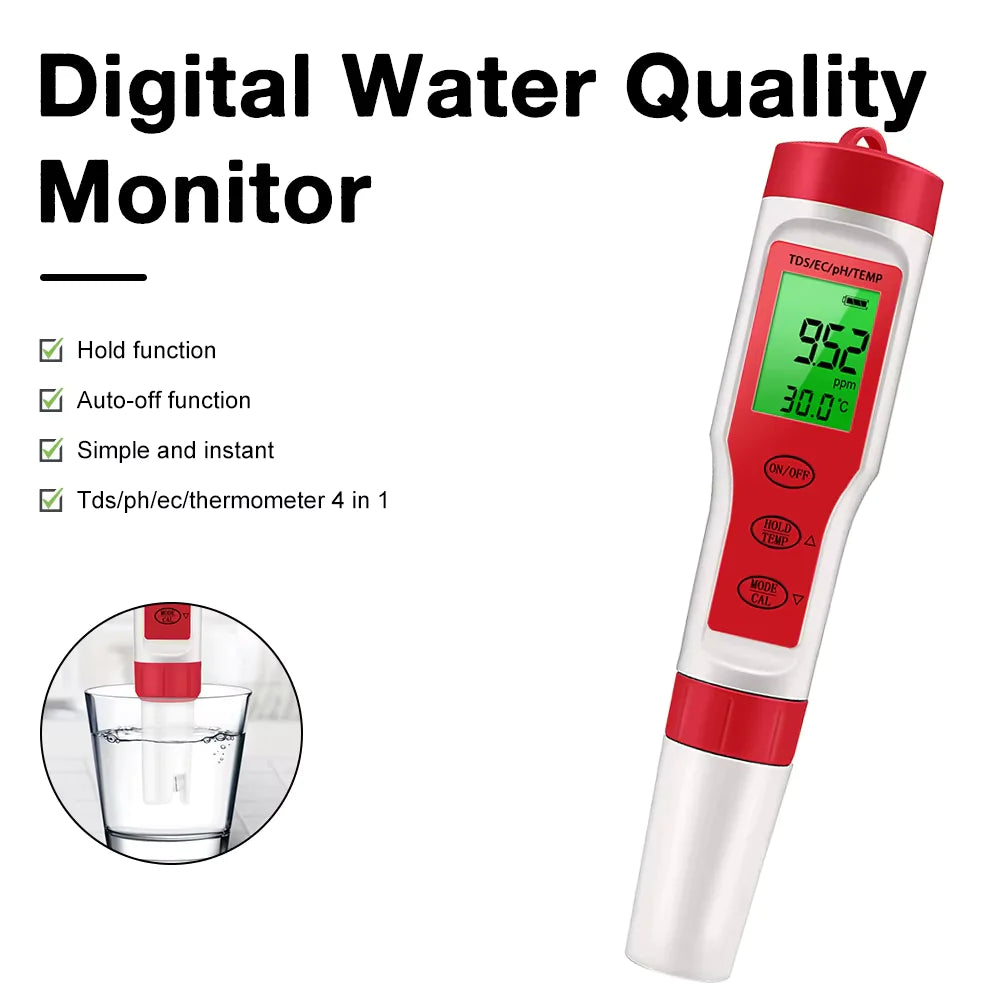 4-in-1 PH/EC Digital Tester - Hydroponics & Aquarium