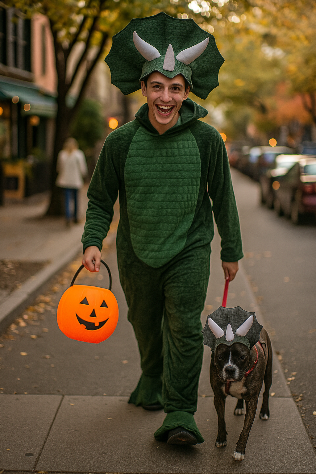 Person in a green dinosaur costume with a dog on a sidewalk
