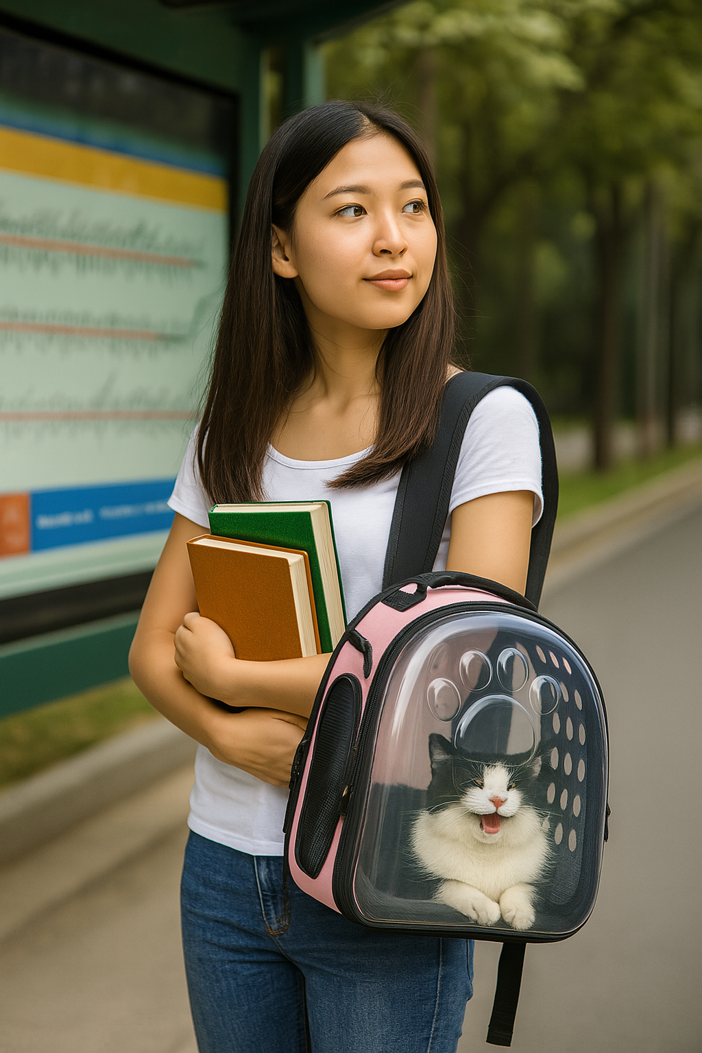 Cat looking out clear space capsule pet backpack for travel