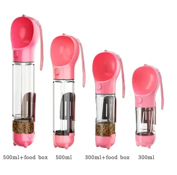 Compact pet water bottle with food and waste bag storage