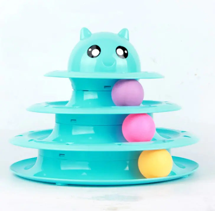 3-tier interactive cat toy with colorful spinning balls
