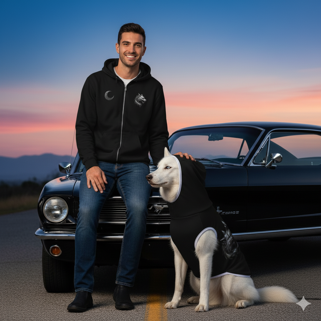 Match your look to your pet's with a personalized jacket for you and a matching hoody for your pet. "Each product is sold separately."Black Wolf & Moon Zip Hoodie – Premium Streetwear, Cozy Fit, Urban Style Sweatshirt for Men & Women