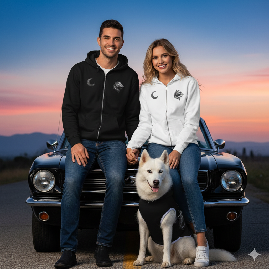 Match your look to your pet's with a personalized jacket for you and a matching hoody for your pet. "Each product is sold separately."Black Wolf & Moon Zip Hoodie – Premium Streetwear, Cozy Fit, Urban Style Sweatshirt for Men & Women