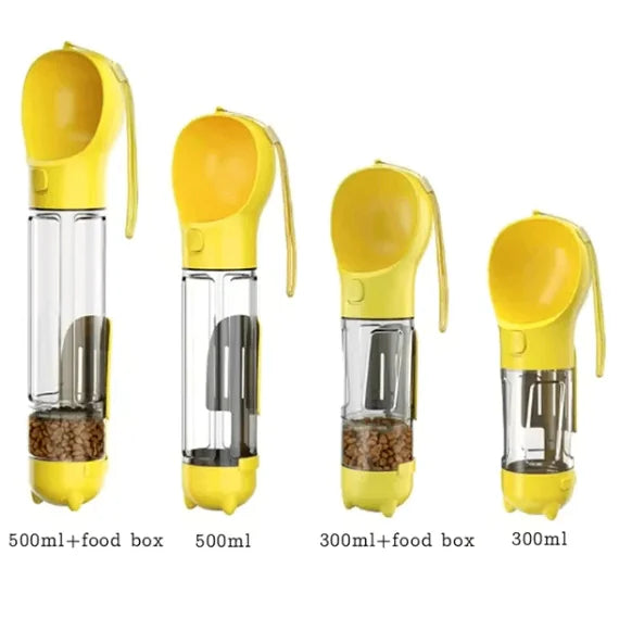 Compact pet water bottle with food and waste bag storage