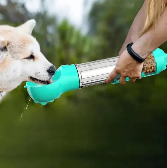3-in-1 portable dog water bottle with food dispenser and waste bag holde