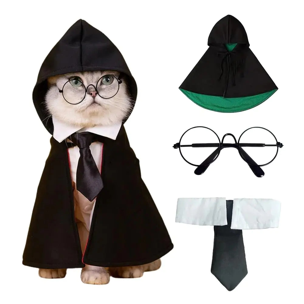 Pet wizard costume set – cape, glasses, and tie laid flat