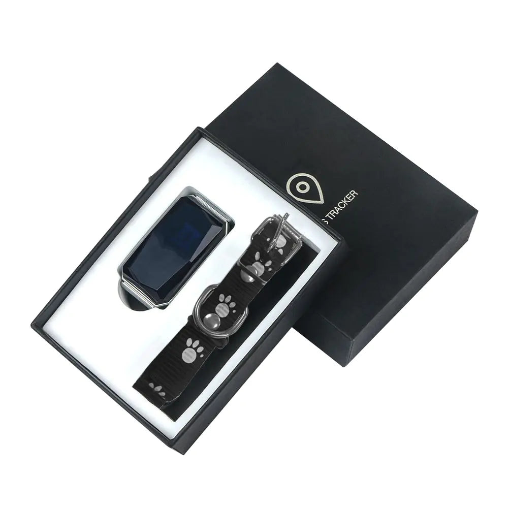 Pet collar with GPS tracking and geofence feature displayed on smartphone