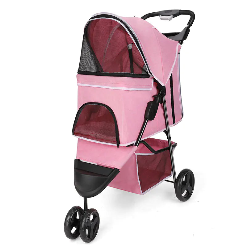 Lightweight pet stroller with ventilated cabin and easy-fold mechanism