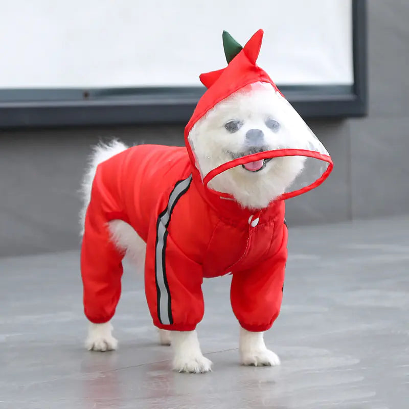 Full-body raincoat for dogs with reflective trim