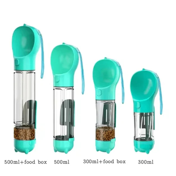 Compact pet water bottle with food and waste bag storage