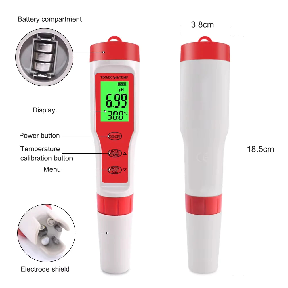 4-in-1 PH/EC Digital Tester - Hydroponics & Aquarium