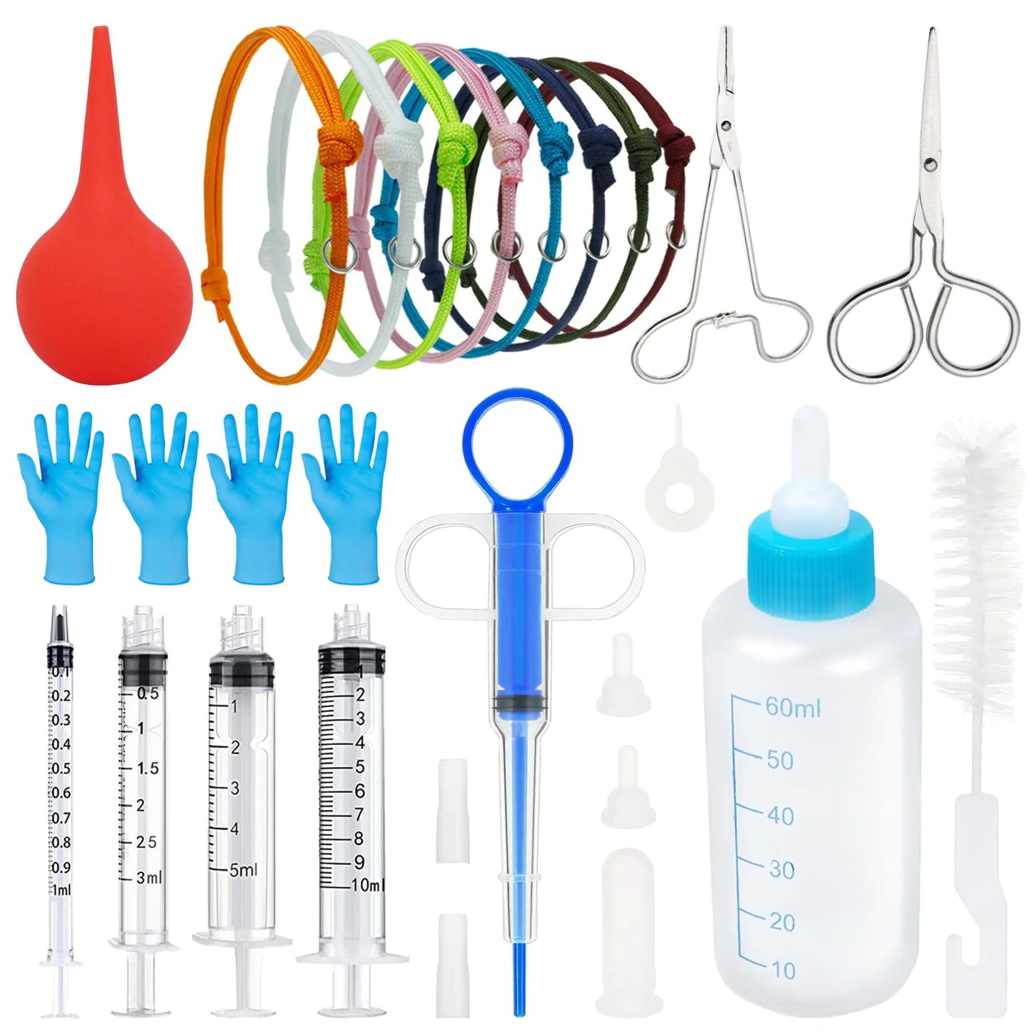 Puppy & Kitten Whelping Kit with feeding bottle, aspirator, collars and gloves