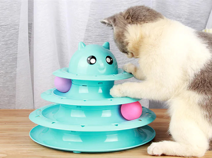 Cat playing with tower track toy for indoor activity