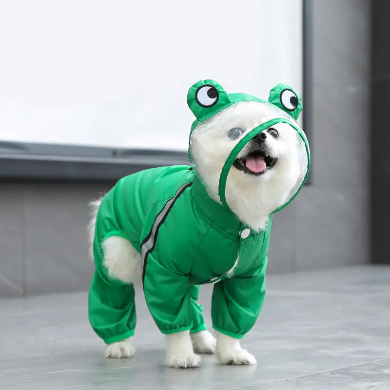 Full-body raincoat for dogs with reflective trim