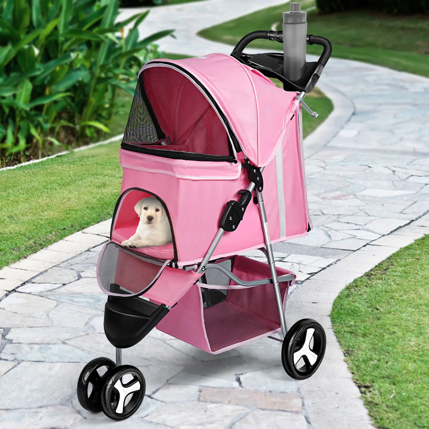 Lightweight pet stroller with ventilated cabin and easy-fold mechanism