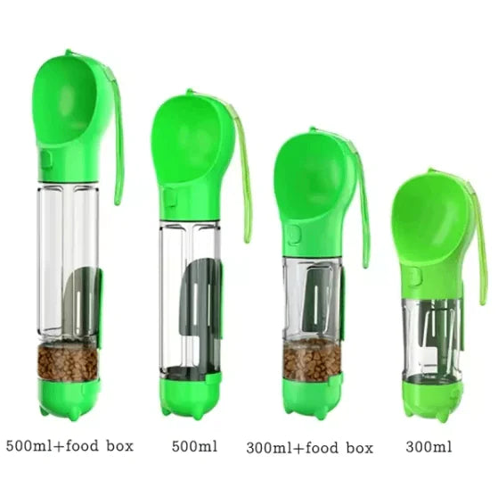 Compact pet water bottle with food and waste bag storage