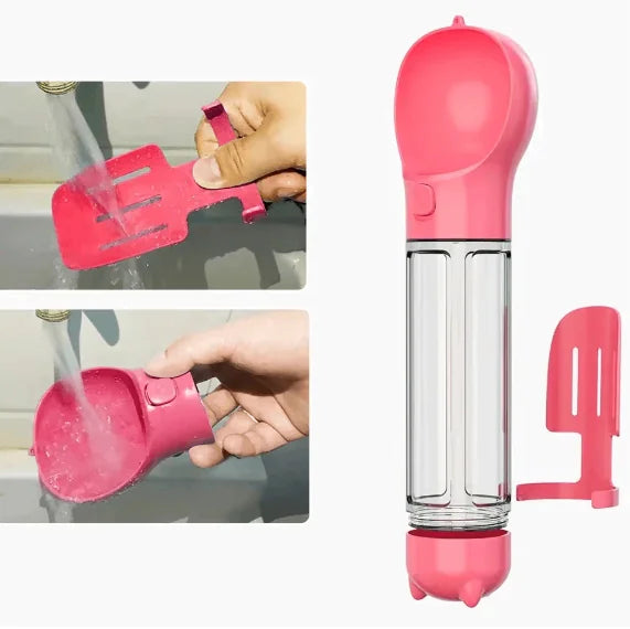 Dog drinking from travel bottle with built-in food bowl