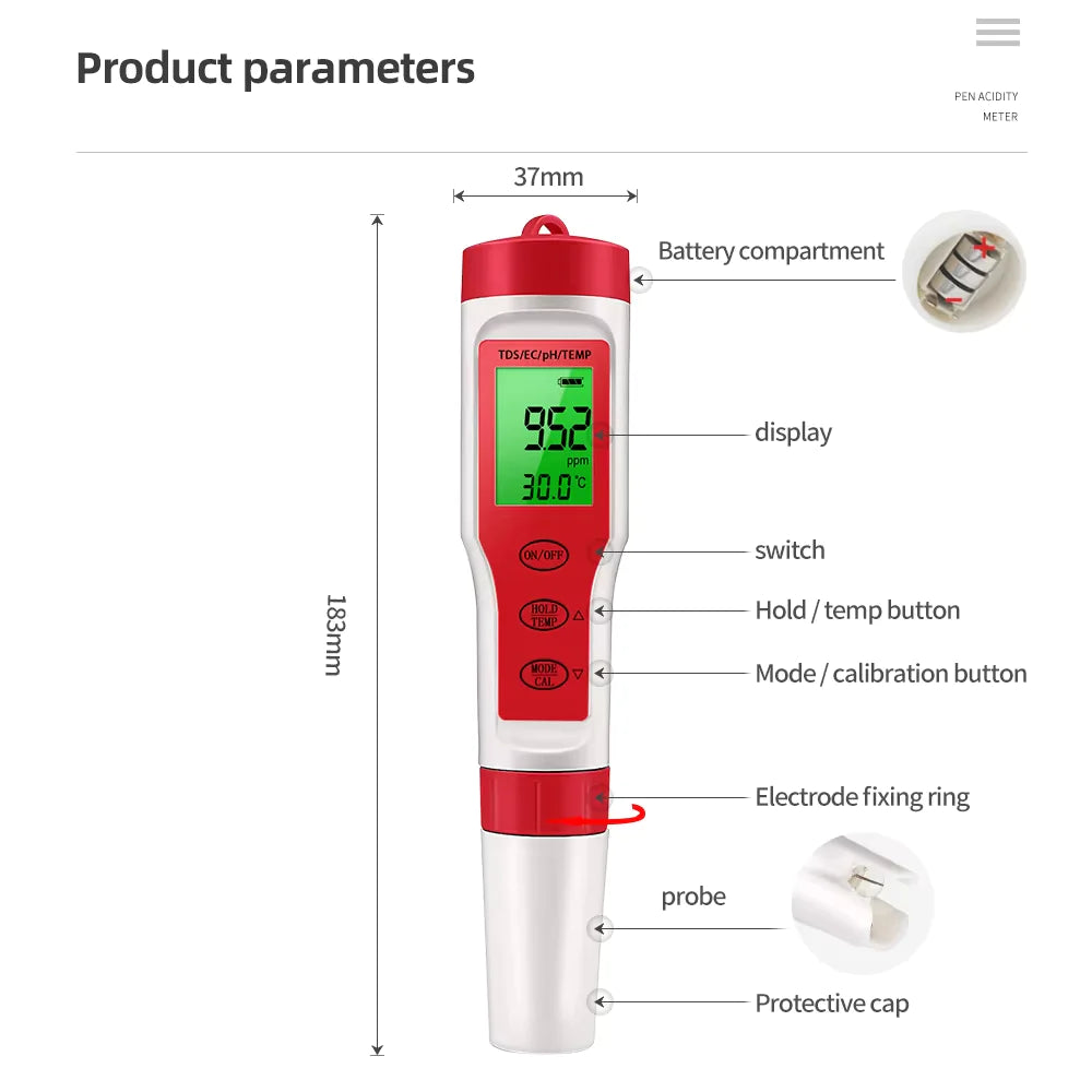 4-in-1 PH/EC Digital Tester - Hydroponics & Aquarium