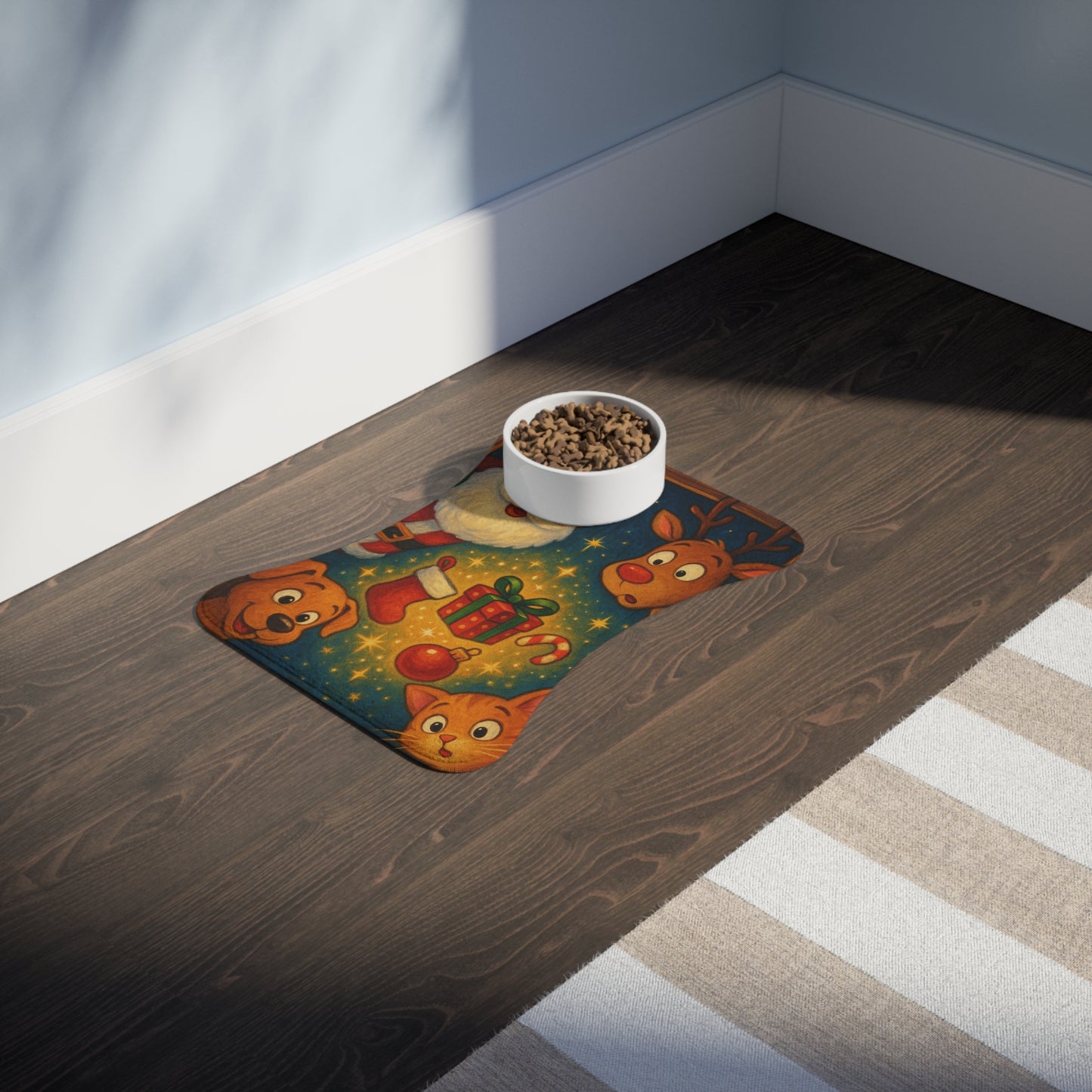 Festive holiday dog bowl mat with non-slip backing