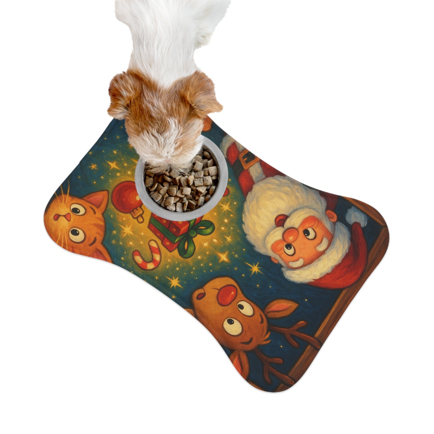 Festive holiday dog bowl mat with non-slip backing