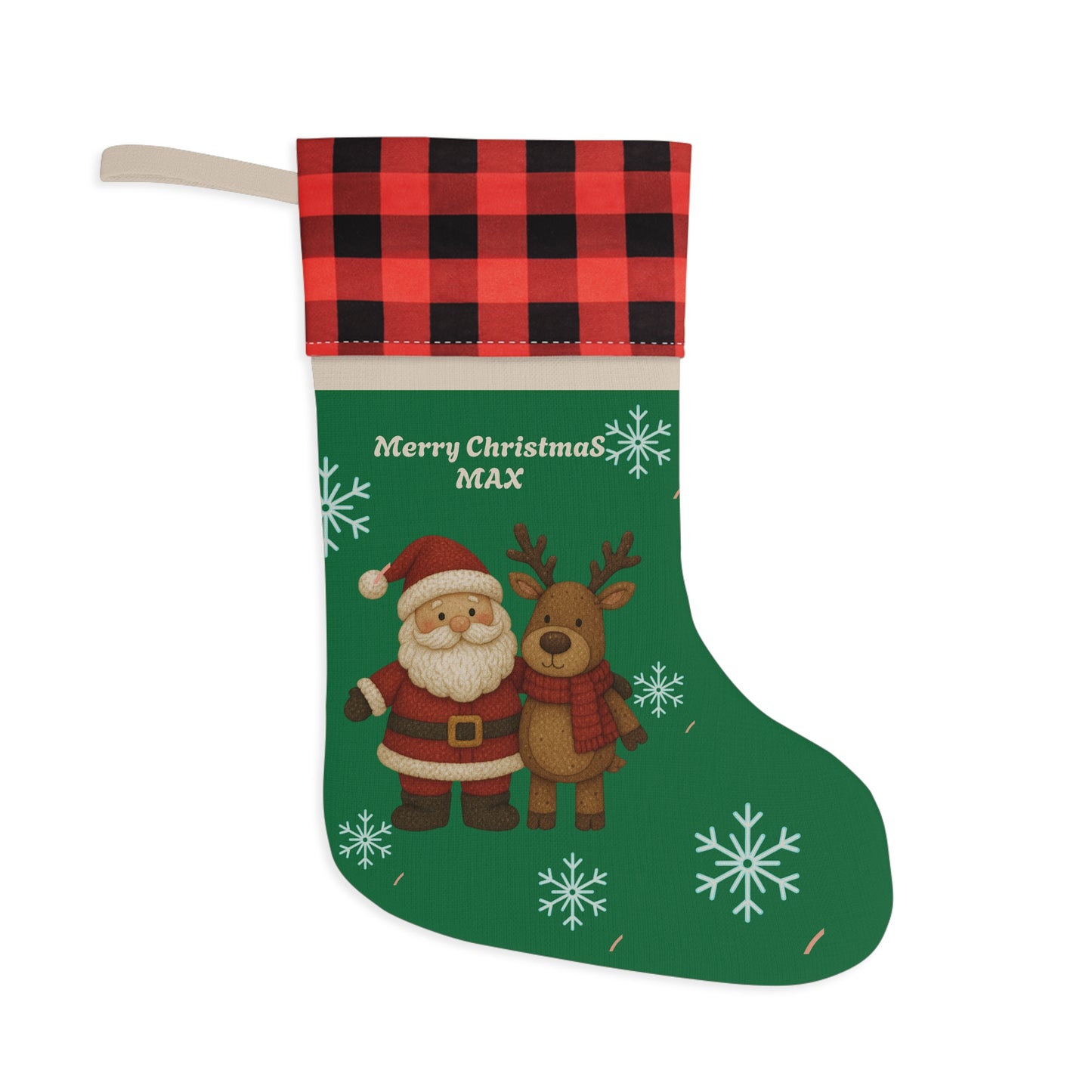 Family personalized stockings with Santa reindeer theme