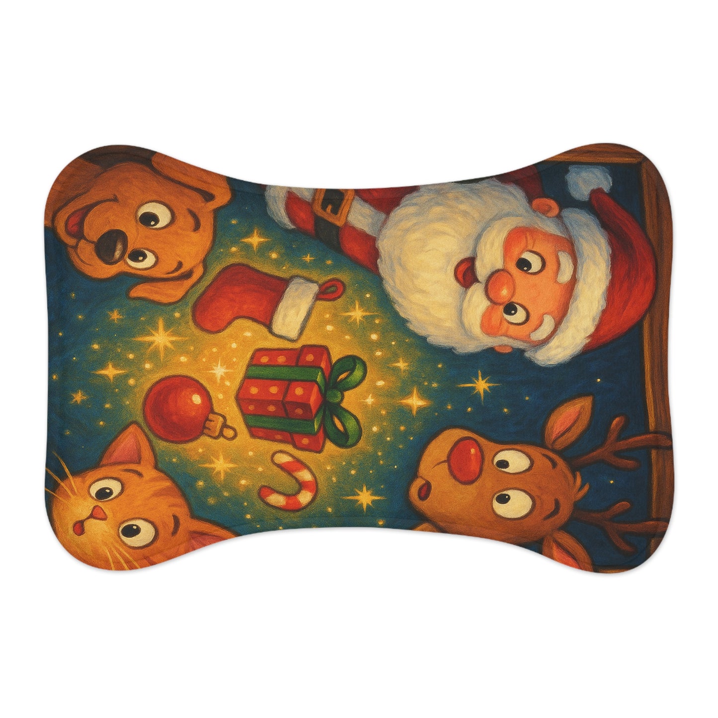 Festive holiday dog bowl mat with non-slip backing
