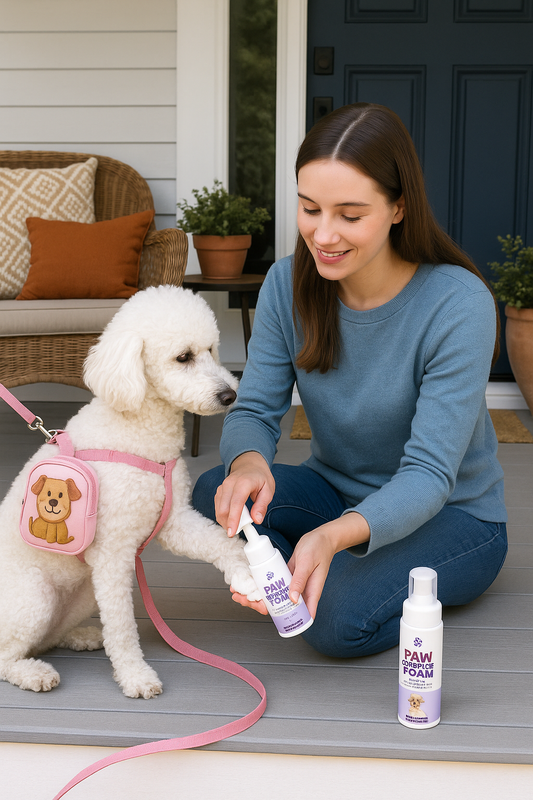 Gently scrubbing dog paws with silicone scrubber and foam