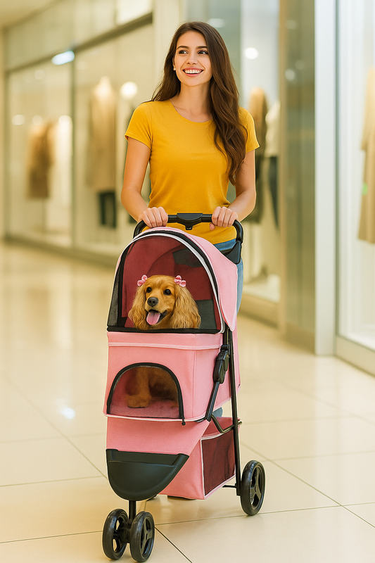 Foldable outdoor pet stroller for dogs and cats, showing mesh ventilation and compact fold