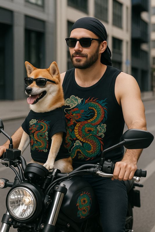 Side shot of pet wearing dragon tank top outfit