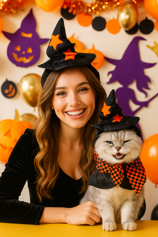 Cat wearing Halloween witch cloak and hat