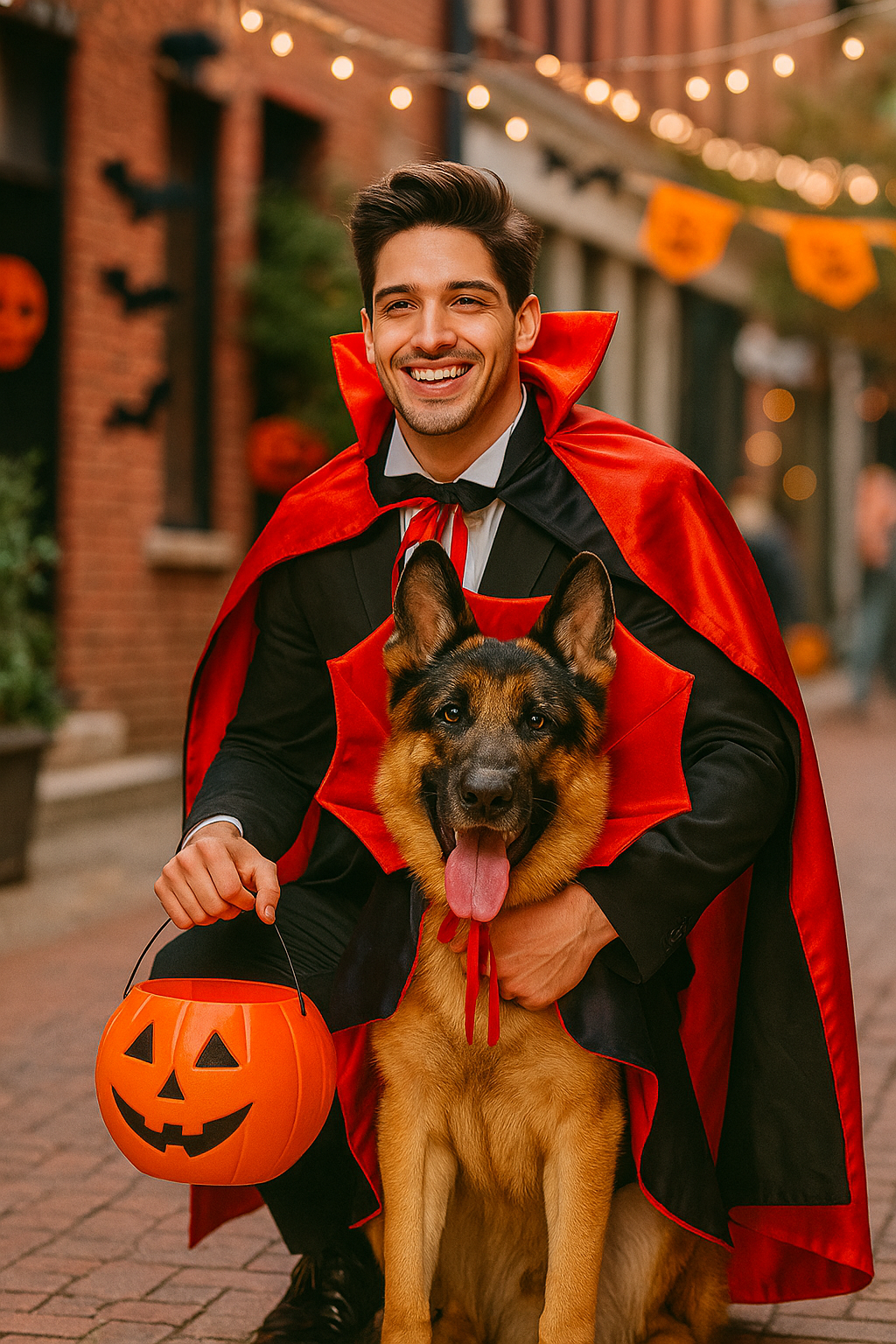 large dog wearing vampire cloak devil cape Halloween costume