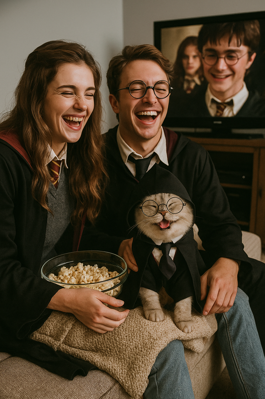 Cat dressed in wizard cape and tie, photo-ready