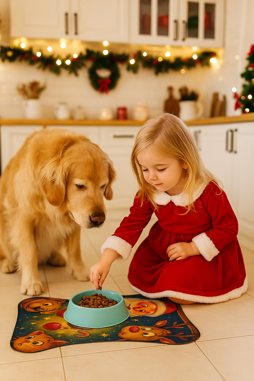 Festive holiday dog bowl mat with non-slip backing