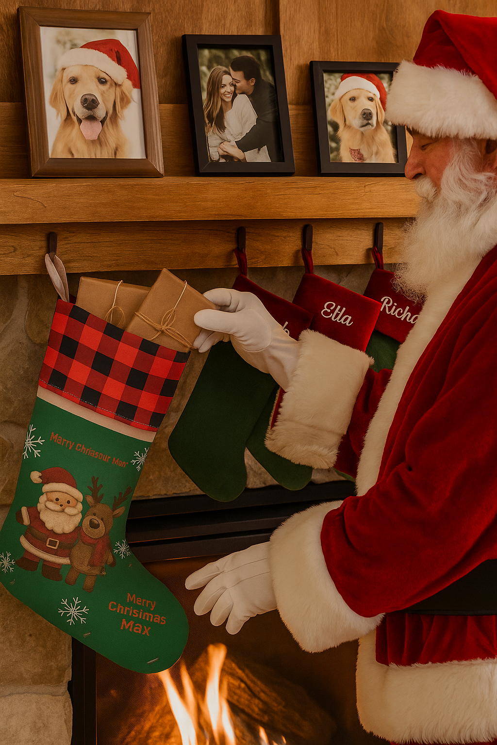 Family personalized stockings with Santa reindeer theme