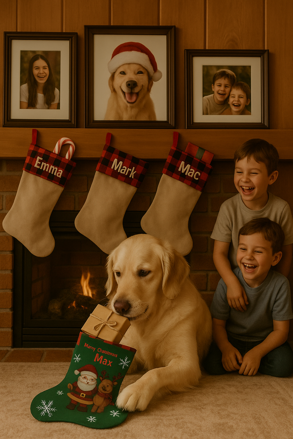 Family personalized stockings with Santa reindeer theme