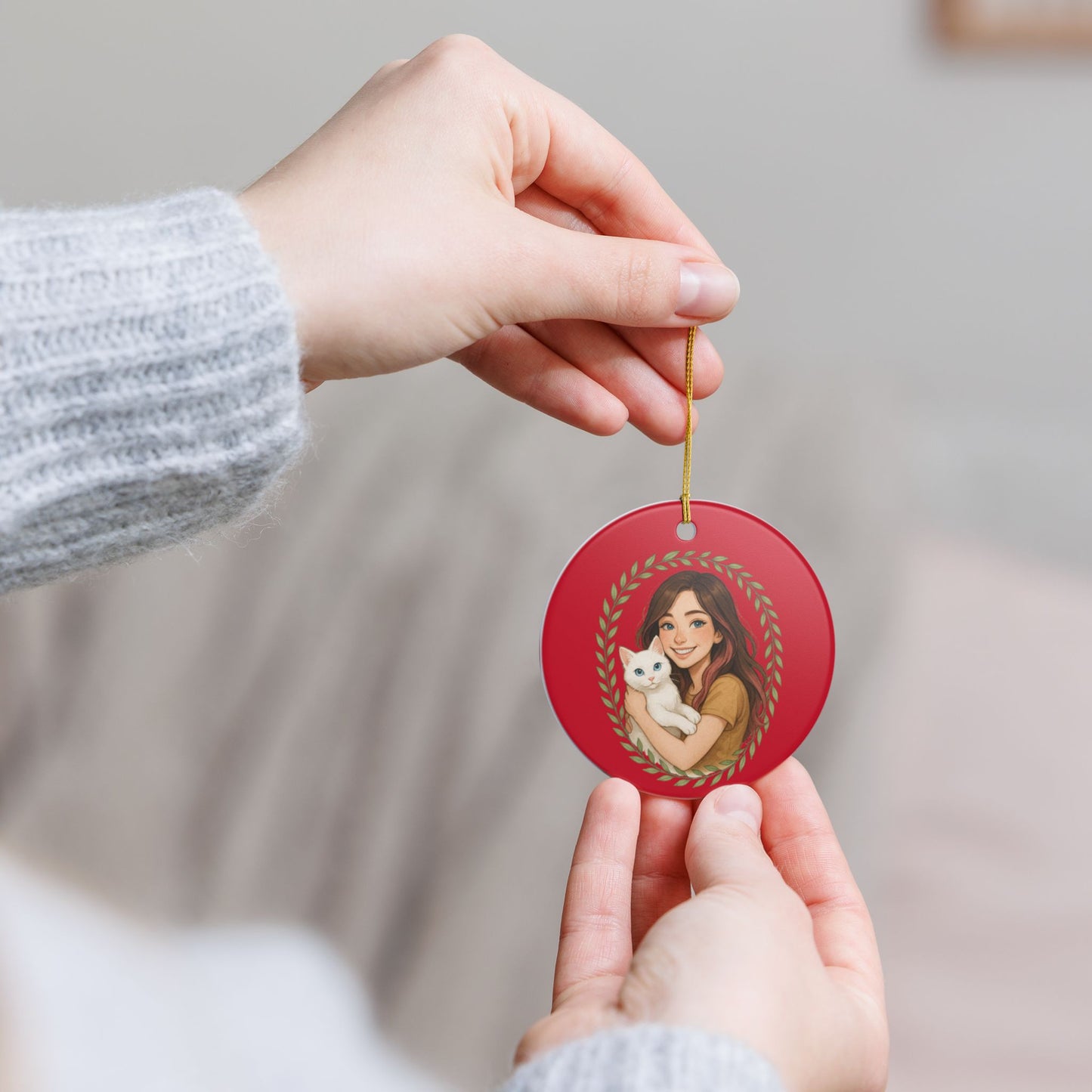 Personalized cat lover ceramic ornament with custom name