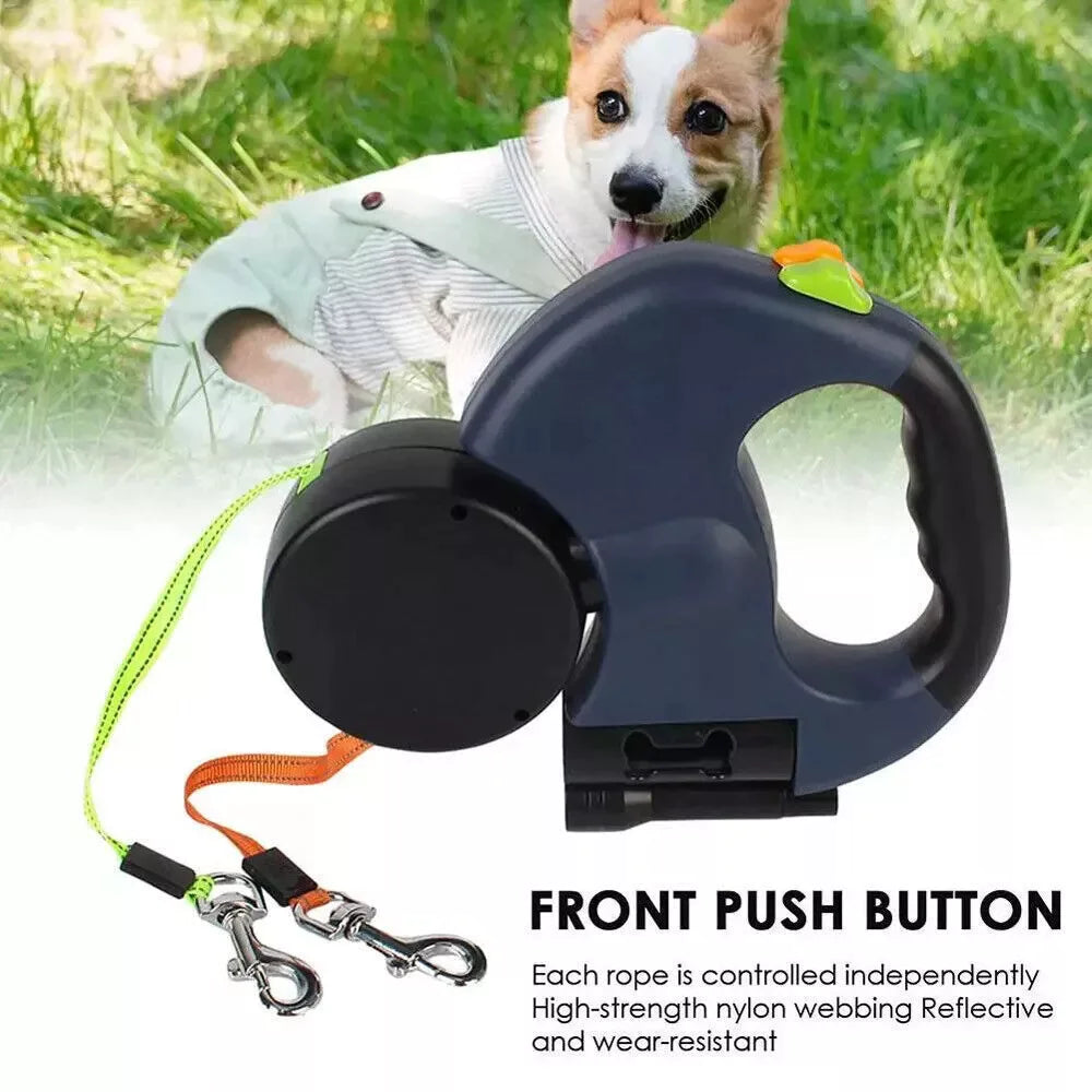 dual retractable leash walking two dogs side by side