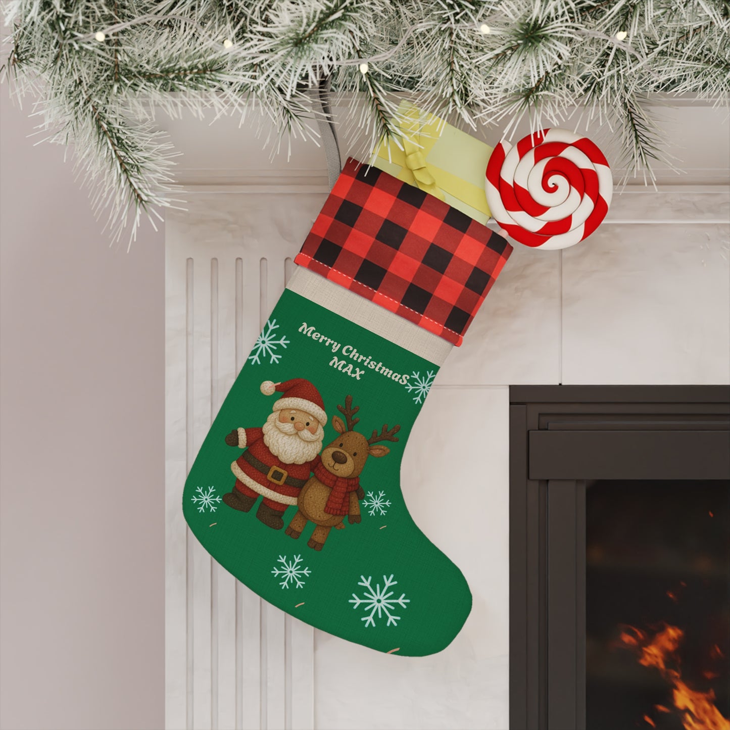 Family personalized stockings with Santa reindeer theme