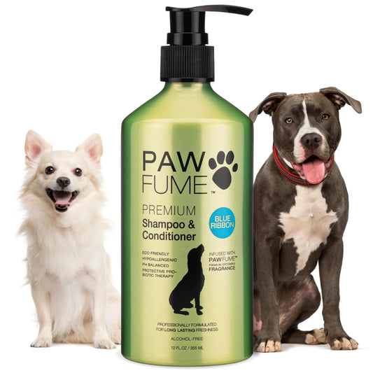 Pawfume Blue Ribbon dog shampoo and conditioner bottle