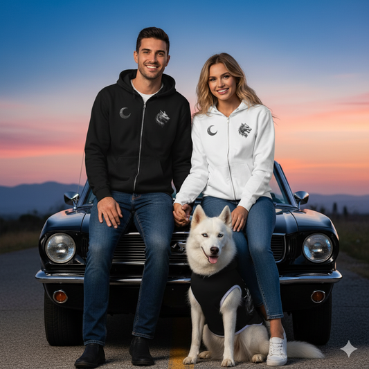 Match your look to your pet's with a personalized jacket for you and a matching hoody for your pet. "Each product is sold separately."Black Wolf & Moon Zip Hoodie – Premium Streetwear, Cozy Fit, Urban Style Sweatshirt for Men & Women