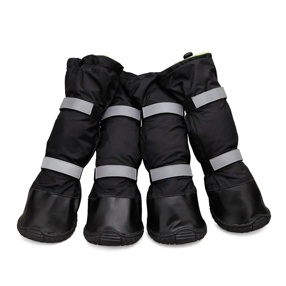 waterproof snowproof dog boots on snow surface