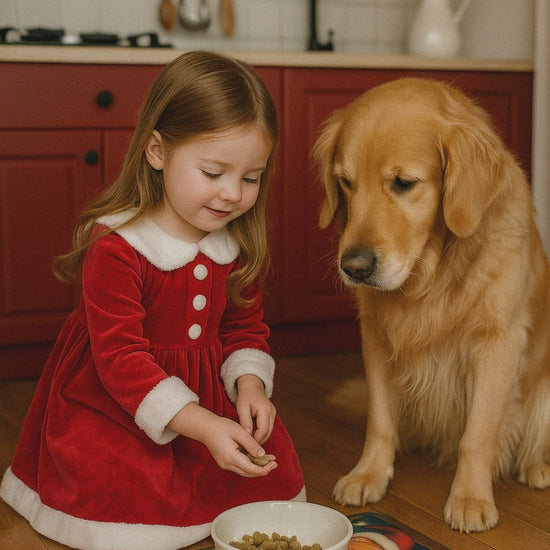 Festive holiday dog bowl mat with non-slip backing