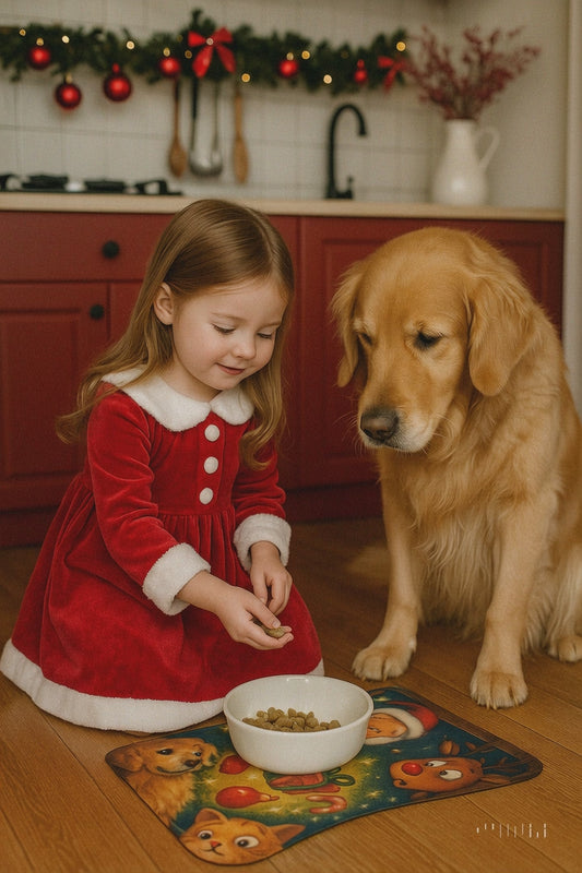 Festive holiday dog bowl mat with non-slip backing